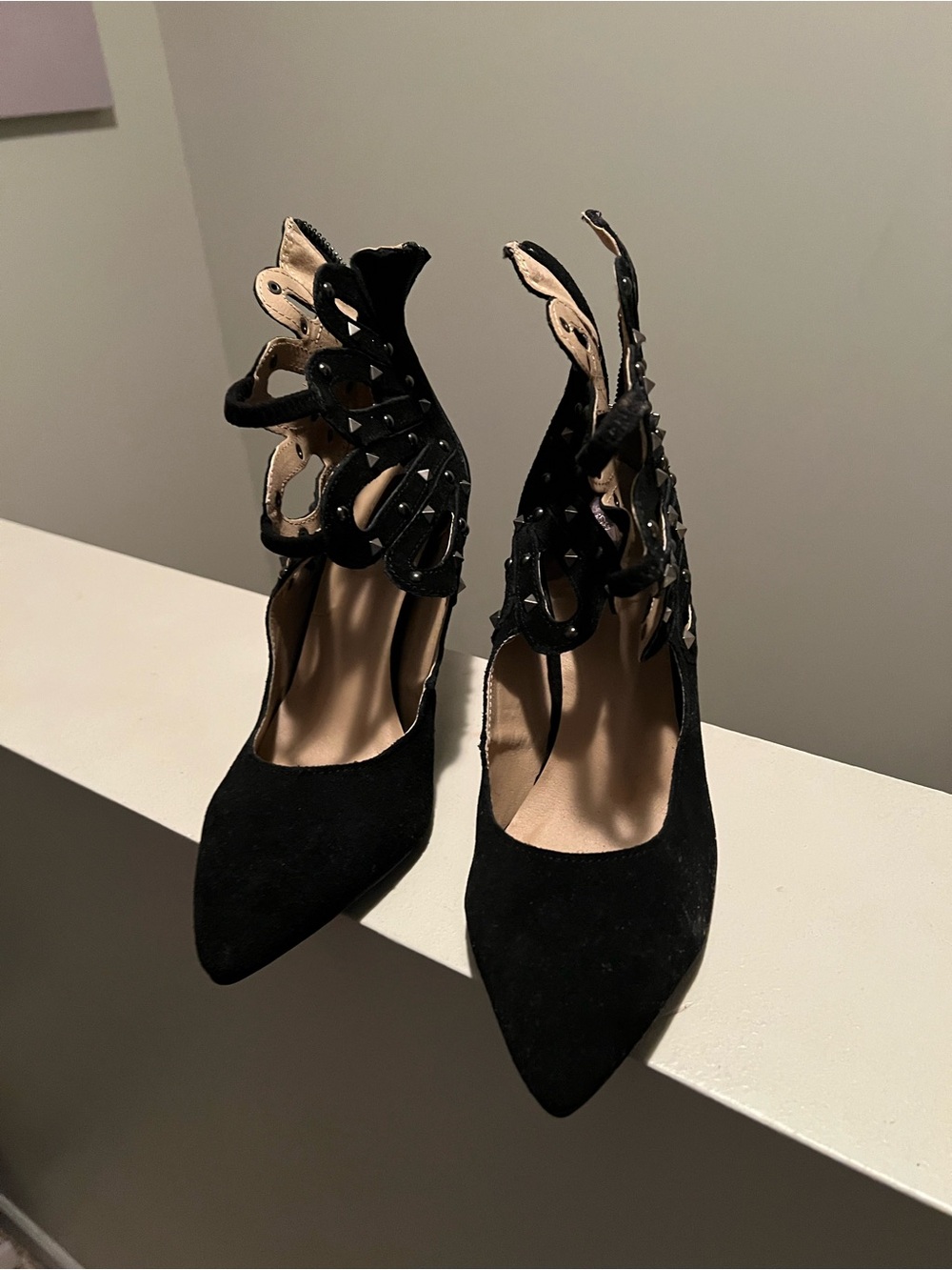 Black Suede Studded Wing / Butterfly Stiletto Booties - Size 11